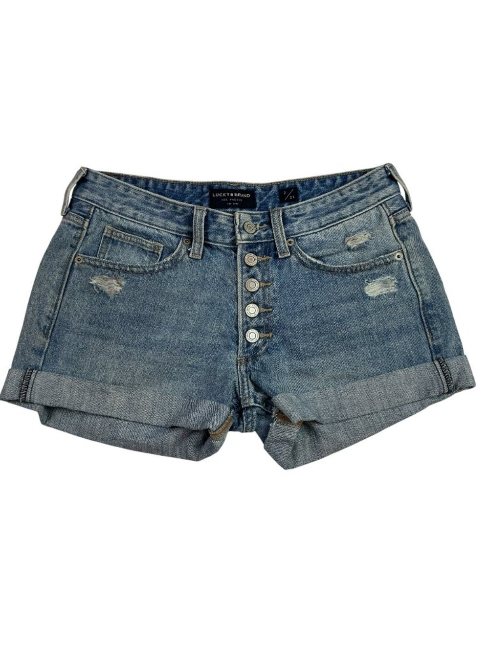 Lucky Brand Boyfriend Shorts Distressed Denim Button Fly Cuffed Womens 2/26 Blue